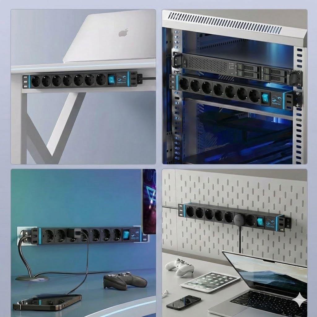 Infitronic - INSV1002A-19 pollici PDU Ciabatta elettrica Distributore di corrente Lampada da rack 8 x 1U con 2 x USB Charging/Interruttore