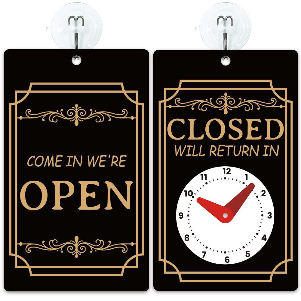 PRESSINART Open Closed Sign for Door 7.87 x 4.72 Inch Will Return Sign with Suction Cup Hooks Double Sides Black PVC Return Time Clock Hanging Plate for Business Bars Retail Barbershop Restaurants