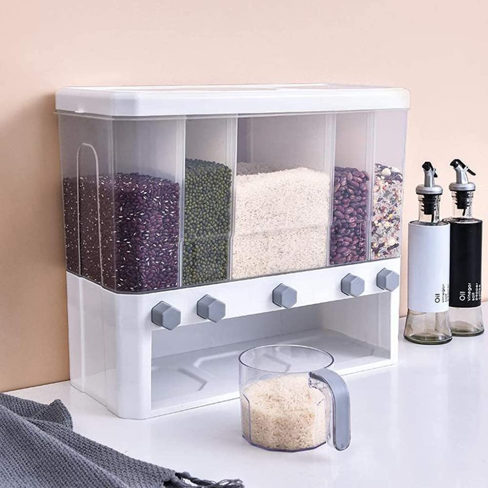 NOVSKI Dispensadores de Cereales de 5 Rejillas Contenedor de Almacenamiento de Alimentos Tanque de Almacenamiento de Cocina para Cereales, arroz, nueces, Granos de café