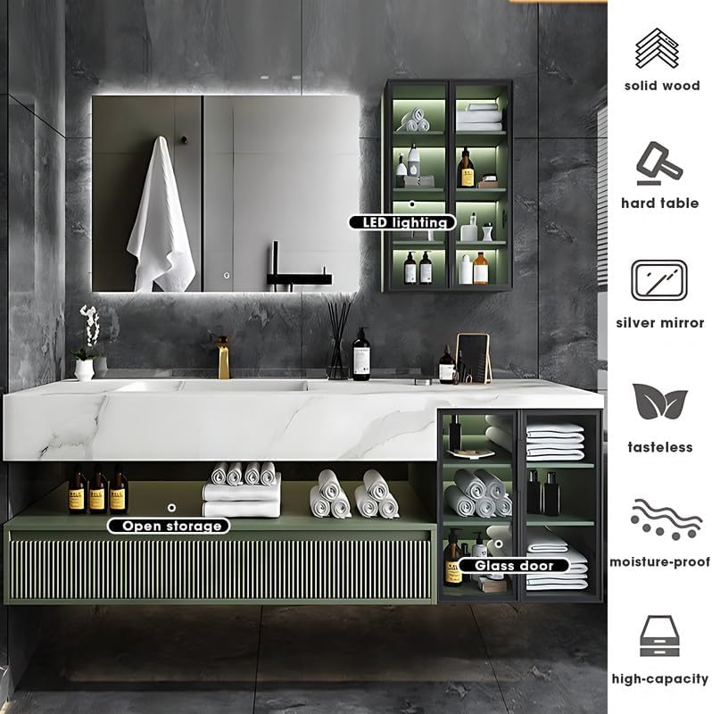 Bathroom Vanity - Floating Bathroom Vanities with Sink Includes Green Modern Minimalist Design Wall Mouted Cabinet with White Slate Countertop & Mirror Side Storage | Led Light（36IN）