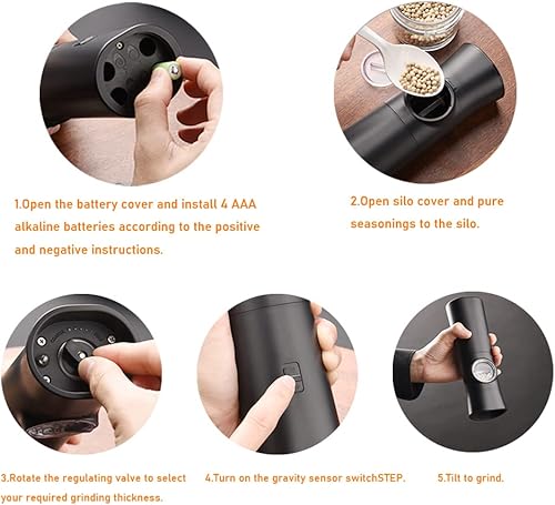 Miniatura 5 de Gravity - Juego de molinillo eléctrico de sal y pimienta, molinillo automático de sal y pimienta, funciona con pilas, grosor ajustable, luz LED,