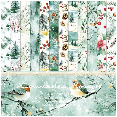 ZAKHSE Motivpapier Weihnachten 24 Blatt Designpapier mit Kiefer Piniennadel Schneezweige Vögel Muster Einseitig Bedruckt 15.2x15.2cm Bastelpapier Scrapbook Papier für Festivals DIY 12 Designs