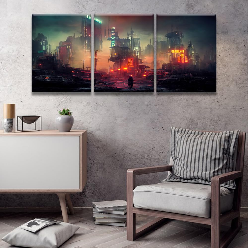 LSIUHWUWI 3 immagini da parete per soggiorno Cyberpunk post apocalittica città decorazione artistica da parete in stile cyberpunk in rovine luci al neon incandescenti su tela artistica da parete