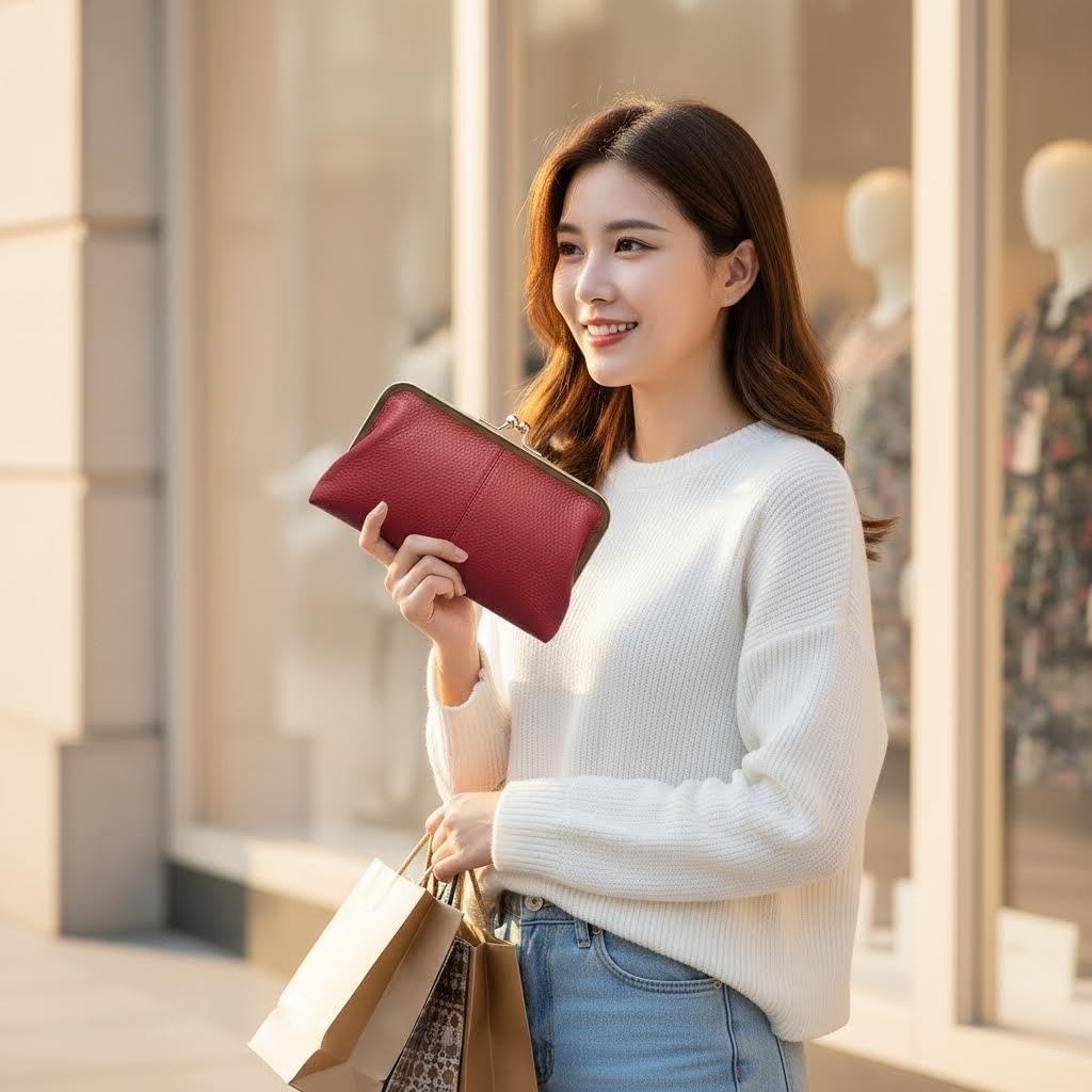 Vintage Kiss Lock Genuine Leather Wallet for Women Multi Card Slots Travel Clutch Purse (Wine Red)