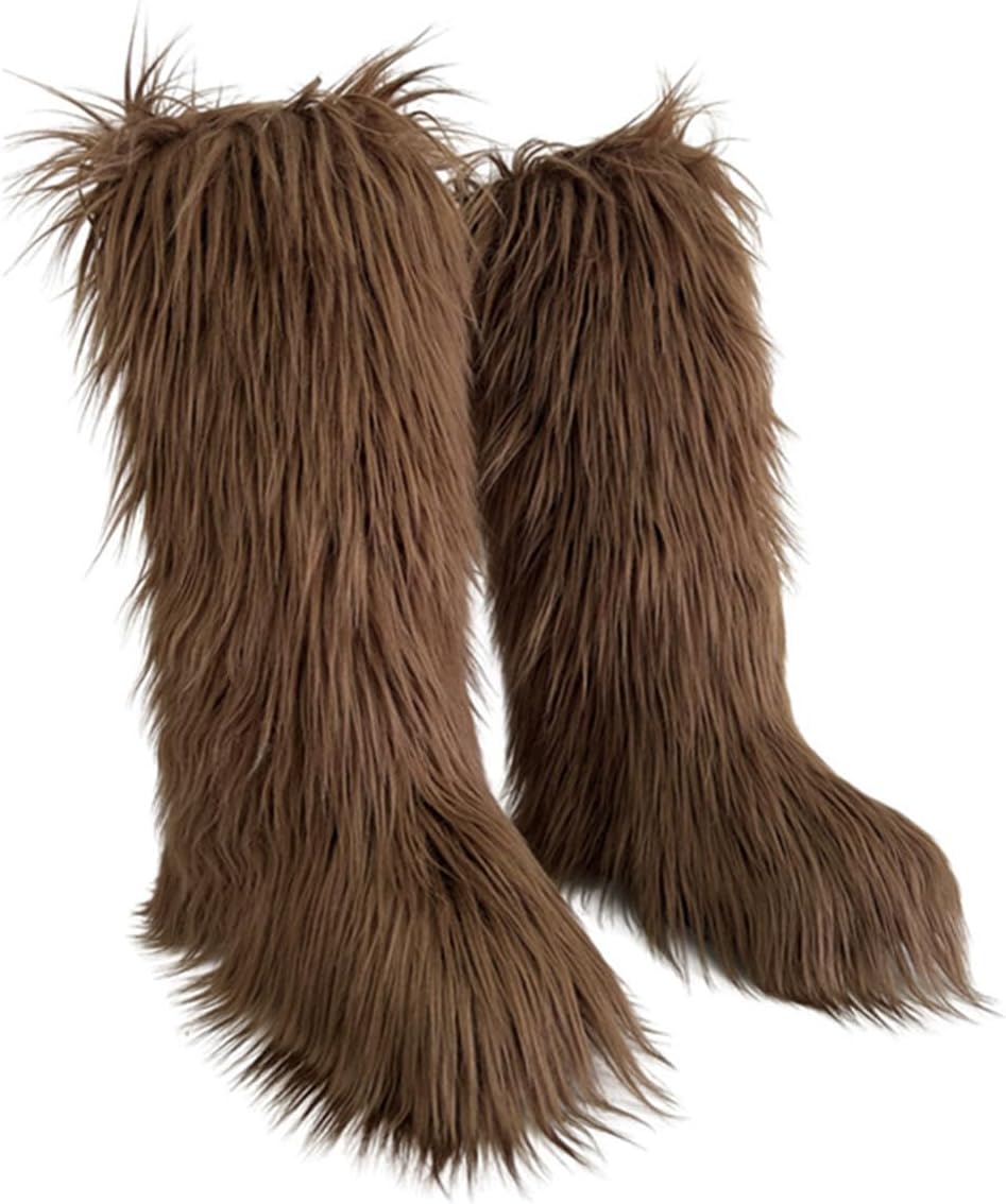 Women’s Faux Fur Knee High Boots Warm Fuzzy Fluffy Winter Snow Boots with Comfortable Round Toe Cozy Indoor Outdoor Tall Furry Boot
