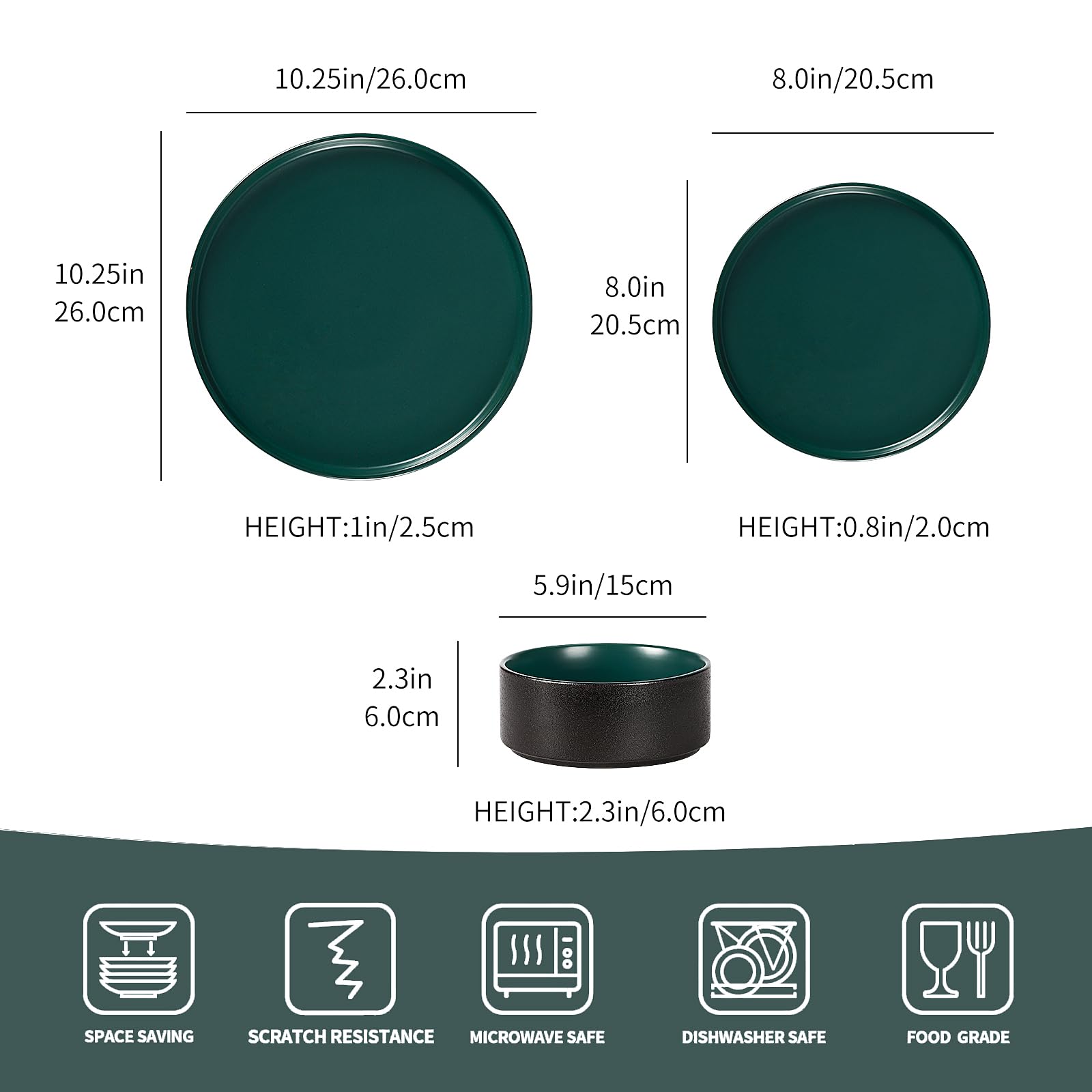 GZG Ceramic Dinnerware Set for 6,18 Piece Modern Style Stoneware Set,Microwave and Dishwasher Safe Plate and Bowl,Scratch Resistant Stackable(Dark Green, Set(18PCS))