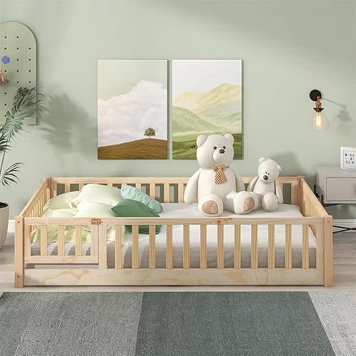 Miniatura 10 de Cama de suelo de tamaño individual, marco de cama Montessori de madera maciza con barandillas en forma de valla y puerta pequeña y listones de