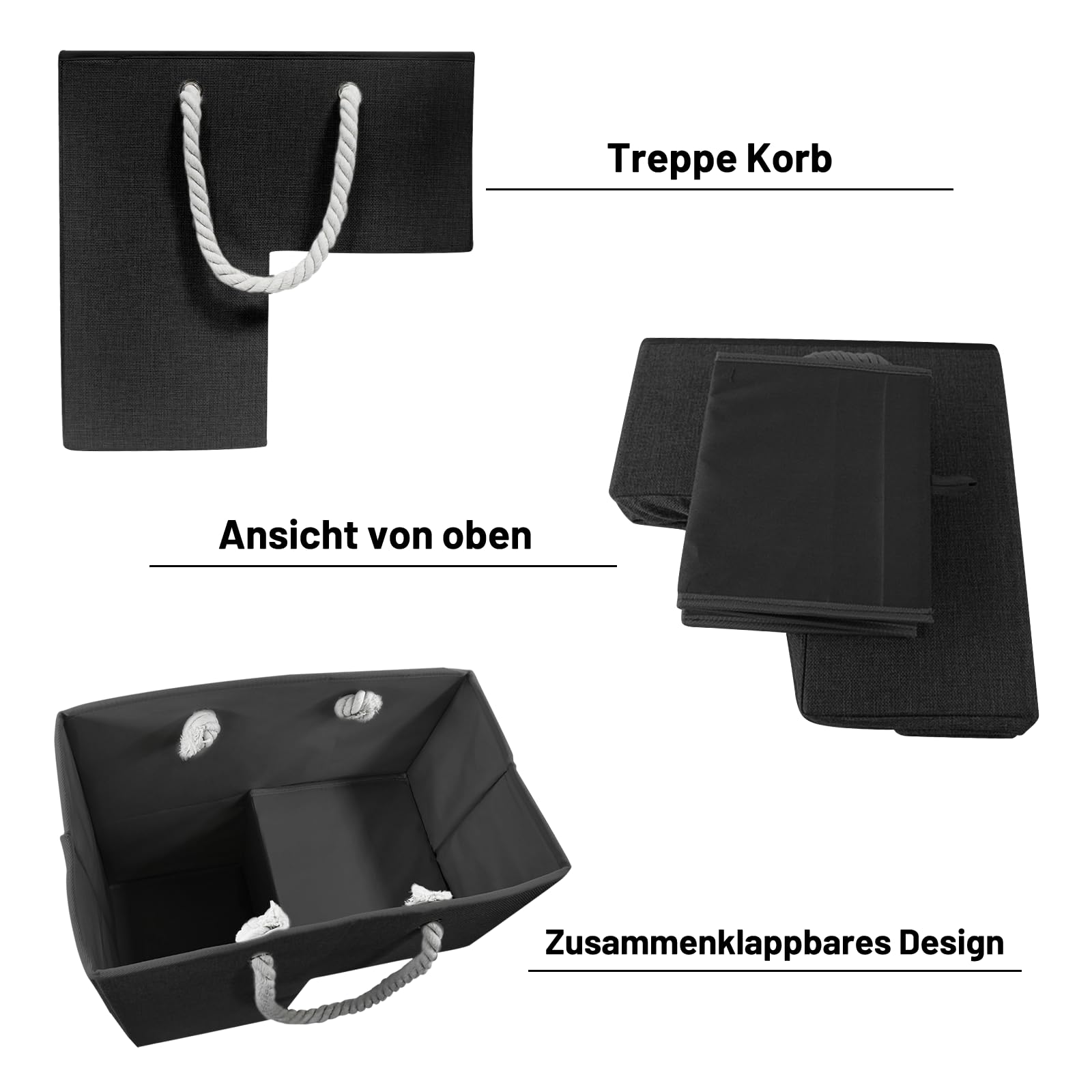 Esoes Cesta de escalera organizador multifuncional para escaleras | Contenedor de almacenamiento con asas de cuerda plegable para la oficina en casa, alfombras y escaleras de madera