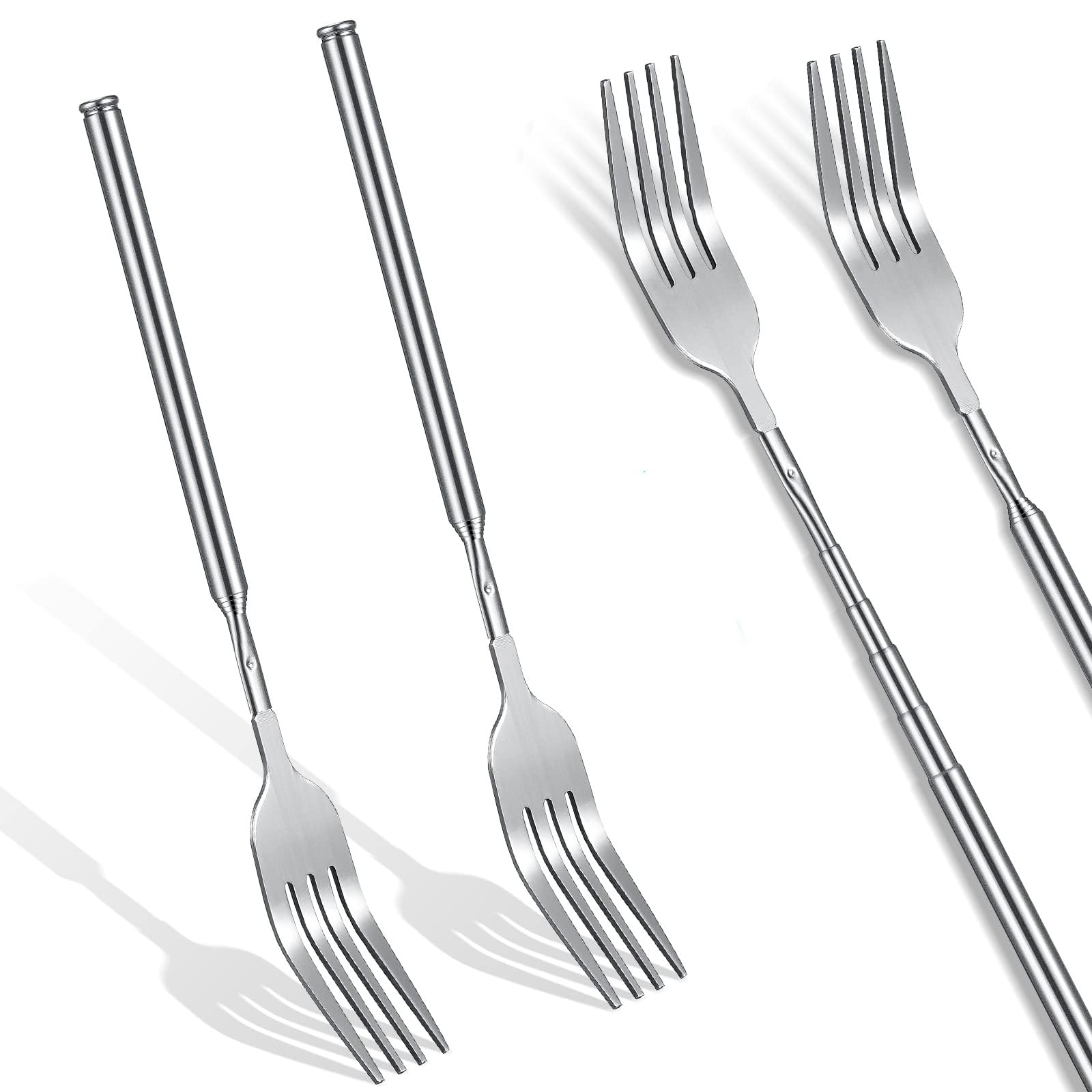 2 Pcs Dinner Extendable Fork Stainless Steel Adjustable BBQ Telescopic Extendable Dinner Fruit Dessert Long Handle Fork Cutlery Anti Rust Sturdy for Cooking Toasting Sausage Vegetable, 8.46-21.65 Inch