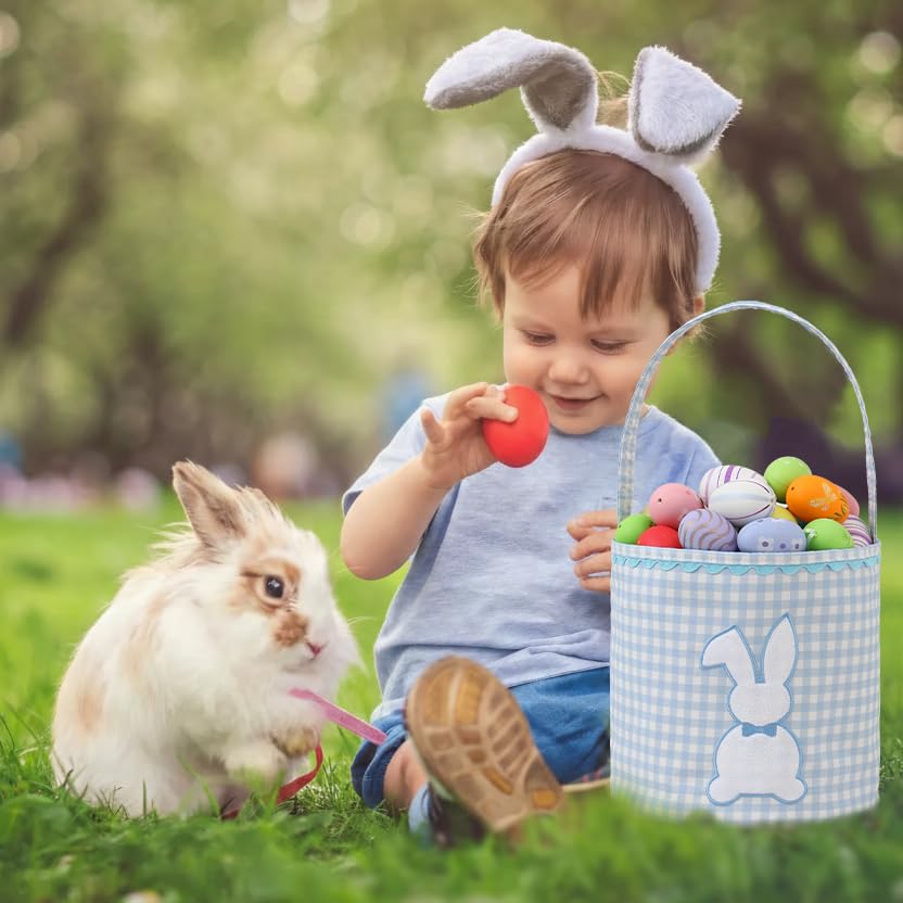 Miniatura 5 de DYSHAYEN Bunny Easter Basket, Gingham Empty Easter Bucket with Handle for Easter Egg Hunts Party Favor Decorations (Blue)