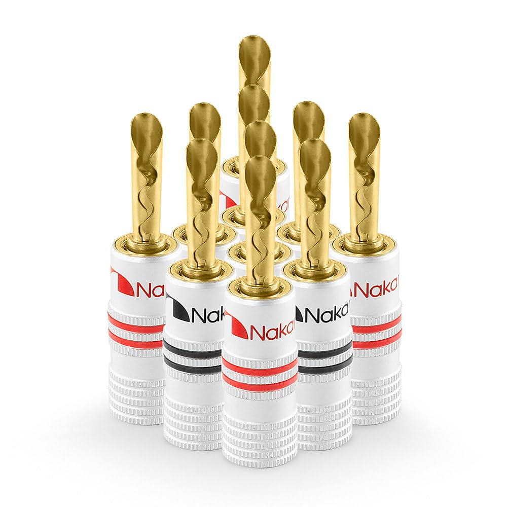 Nakamichi connettori a banana BFA 12-18 AWG 4 mm placcati in oro 24 K adattatore spina a banana per altoparlanti cablati, piastra a parete e amplificatore per altoparlanti HiFi 10 pezzi (5 paia)