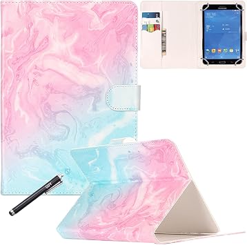 Universal 7.0" case, Newshine Flower Marble Pattern Synthetic Leather Folding Folio Stand Case with Card Slots&Money Pocket for All 7 inch Tablet Including Samsung Lenovo Kindle - Blue & Pink