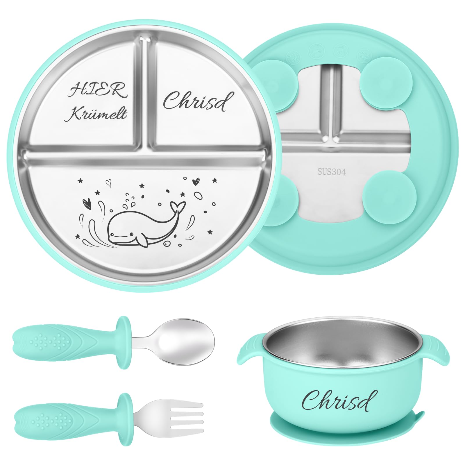 OXYEFEI Personalisierter Babyteller mit Saugnapf, Edelstahl Teller Baby mit Namen Beikost Baby Zubehör Personalisierte Geburtstags und Taufgeschenke (Hellgrün)