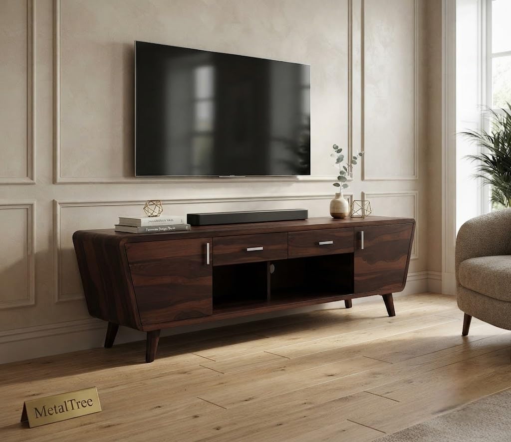 sheesham wood wooden tv cabinet for living room 65+ inch - tv table for living room entertainment unit - solid wood tv unit for livingroom 65 inch with 2 drawers & 2 door (design 20)