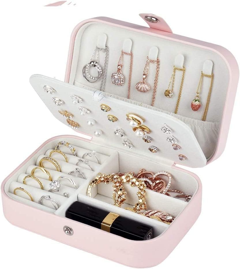 Yiluana Portable Jewelry Case Travel Earring Ring Necklace Watch Lipstick Accessories Organizer Box with Button for Grils Women(Box Pink)