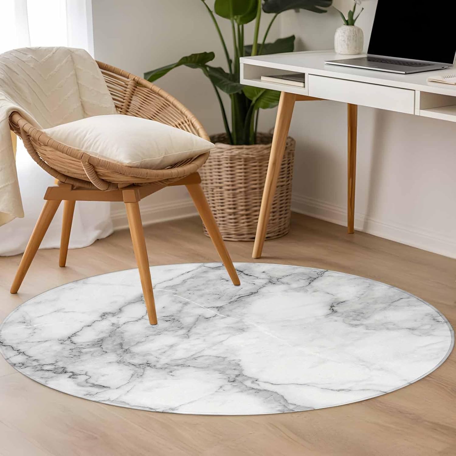 Round Area Rug 3ft Grey White Marble Floor Carpets Indoor Floor Area Mat Stain-Proof Mat Circle Rugs for Living Room Dining Room Kitchen Bedroom, Abstract Art Modern Sofa Throw Carpet