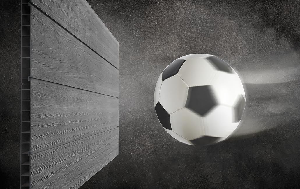 Close-up of the Keter Cortina 117 Garden Shed wall panel showing durability against impact, with a soccer ball in motion