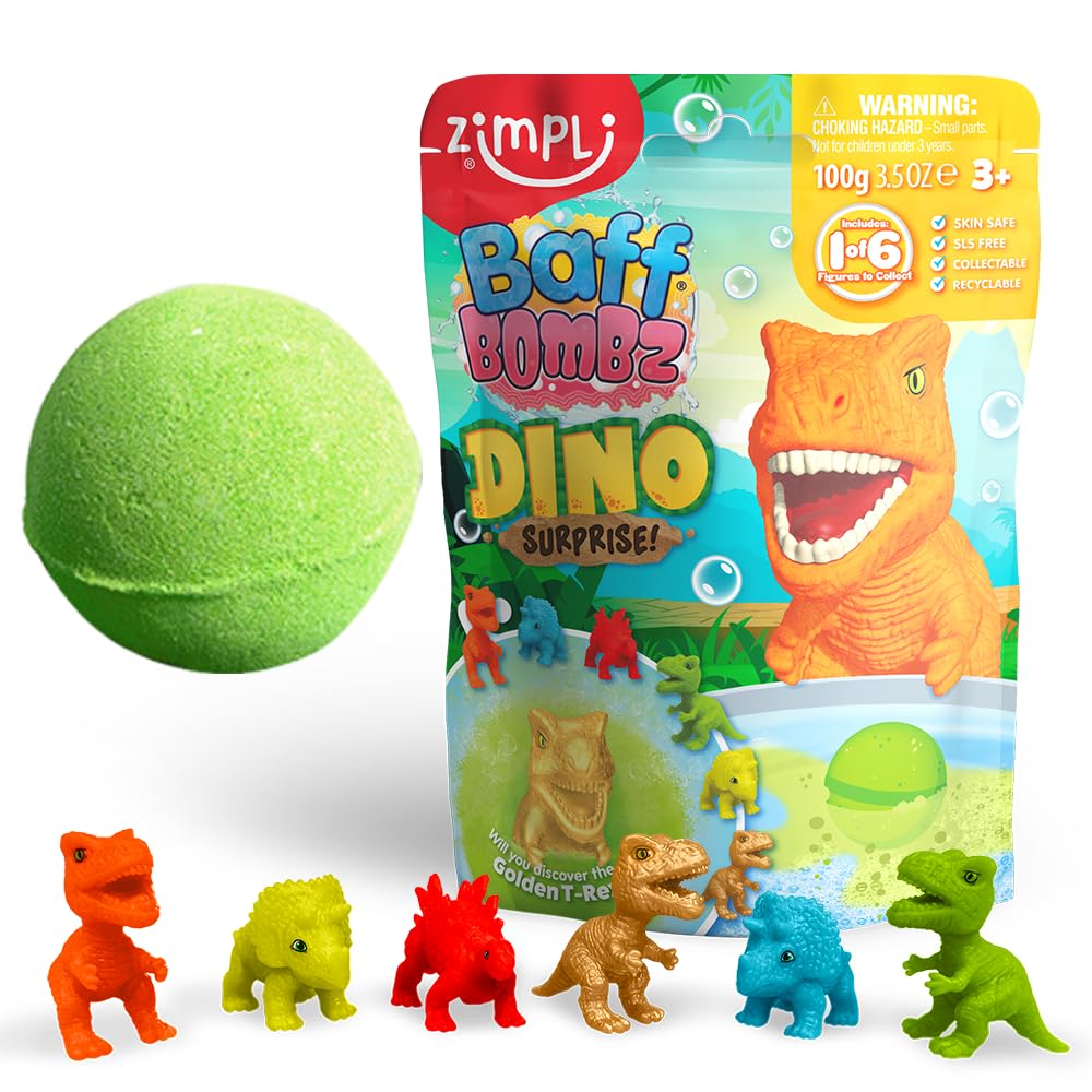 ZIMPLI - Large Dino Surprise Bath Bomb, 1 of 6 Surprise Dinosaur Toys to Collect, One per Baff Bomb, Mystery Toys for Boys & Girls, Collectable Gifts for Kids aged 3 and up