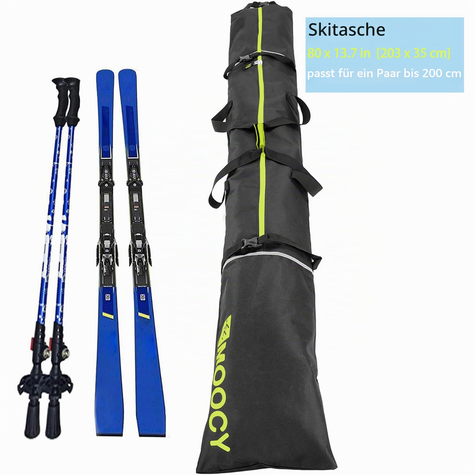 MOPHOEXII MOOCY Skitasche, Skitaschen für Flugreisen, ungepolsterte Schneeskitaschen, passend für Ski bis zu 200 cm, Ski-Tragetasche für Erwachsene und Kinder