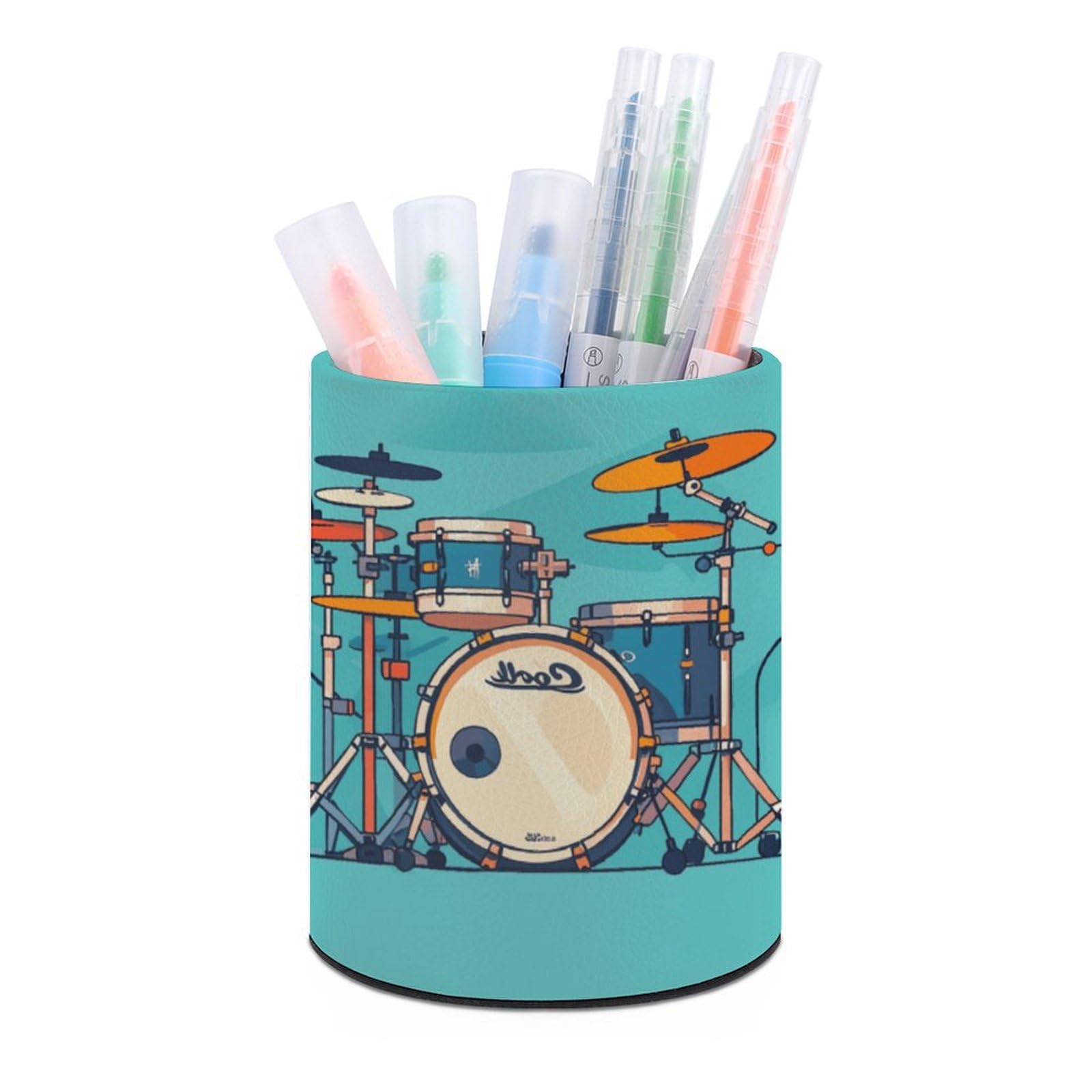 JTREHY Round Pen Holder,Cool Drum Set Printed Makeup Brush Storage Box for Home Office Dressing Table