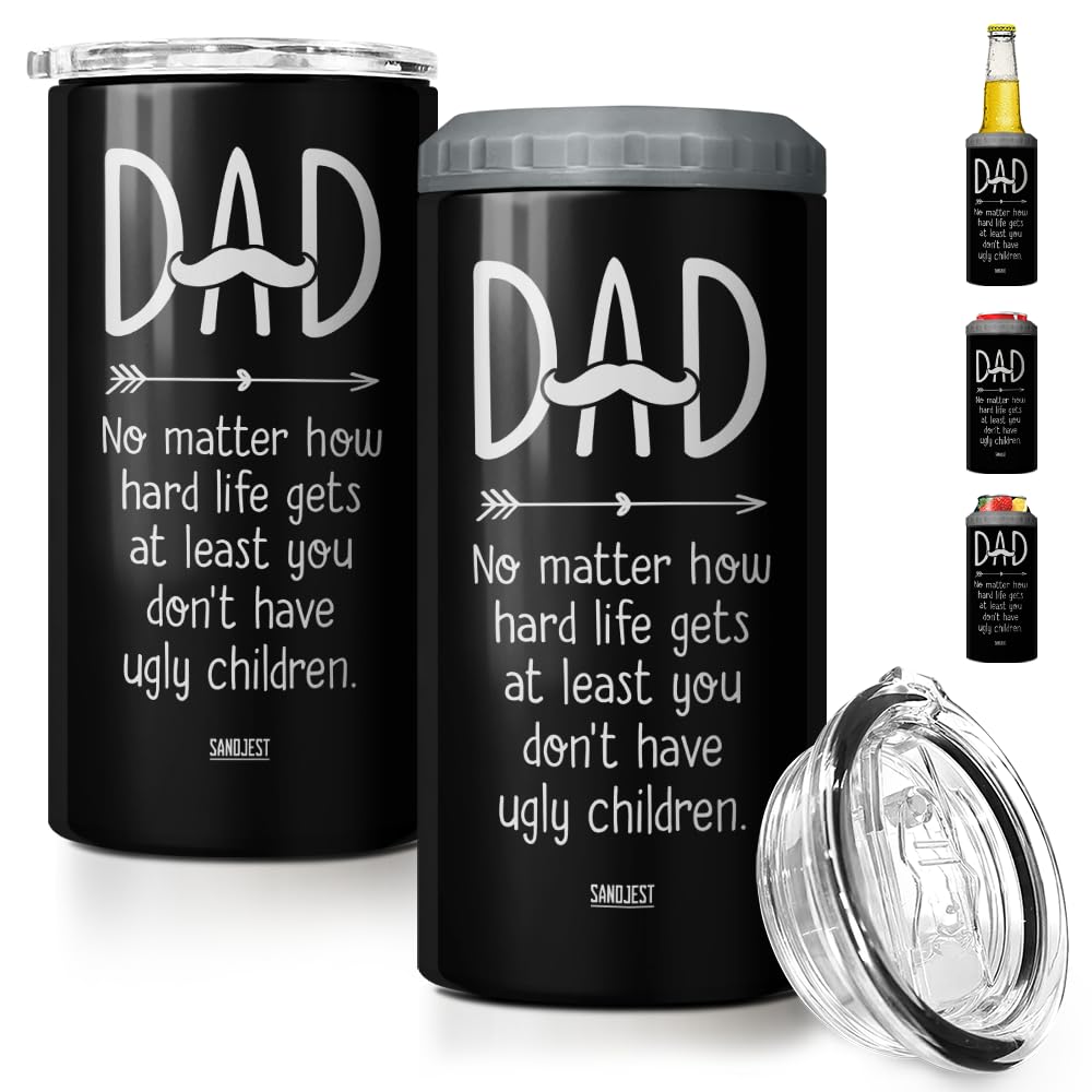 SANDJEST 4-in-1 Dad Tumbler Gifts for Dad from Daughter Son - 12oz Funny Ugly Children Dad Can Cooler Tumblers Travel Mug Cup - Insulated Cans Coozie Travel Mug Christmas, Birthday, Father's Day Gift
