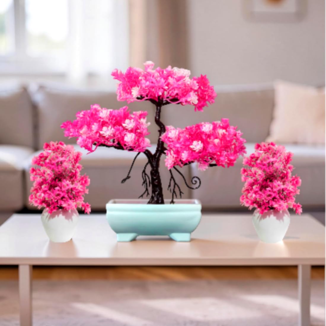 (Set of 3) Artificial Bonsai Tree 28 cm for Home Decoration Realistic Looks with 2 Small Pink Flowers pots 11 cm for Livingroom Bedroom Office Table Kitchen Indoor & Outdoor Balcony 1