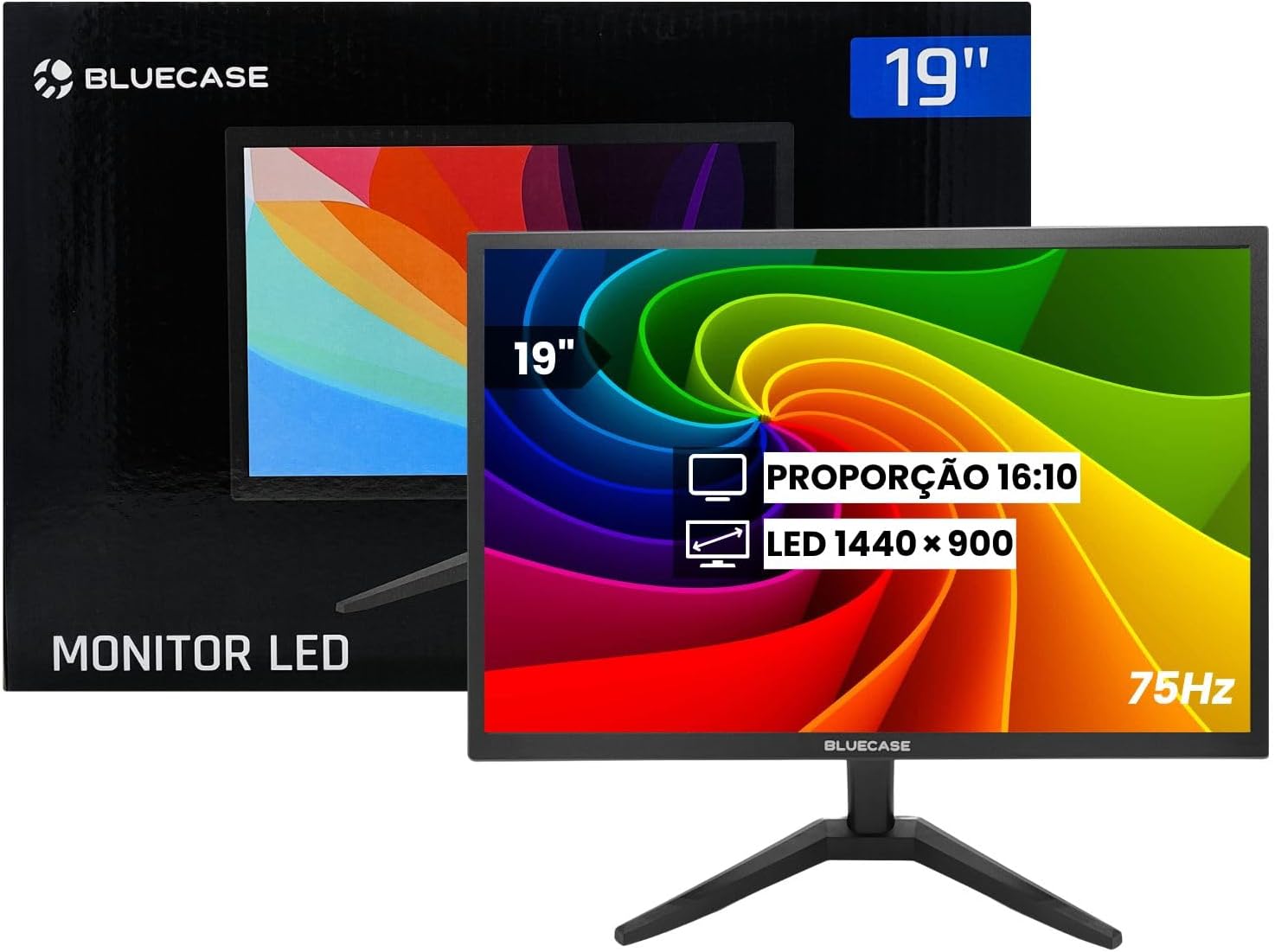 Monitor Slim LED 19" HD 75Hz 5ms Preto Suporte Base VESA 75x75mm - Compatível HDMI e VGA