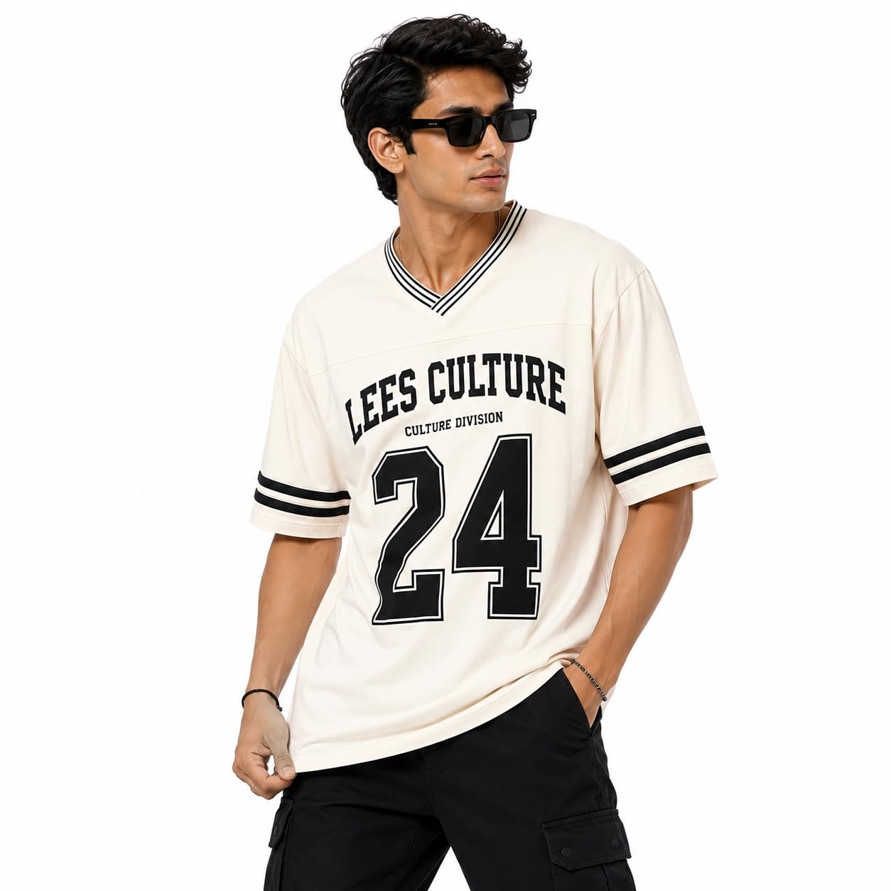 Lee Men's Oversized Graphic Printed V-Neck Half Sleeve T-Shirt | Casual Sports Jersey Style Cotton Blend Tee | Relaxed Fit Streetwear Top for Men in multi