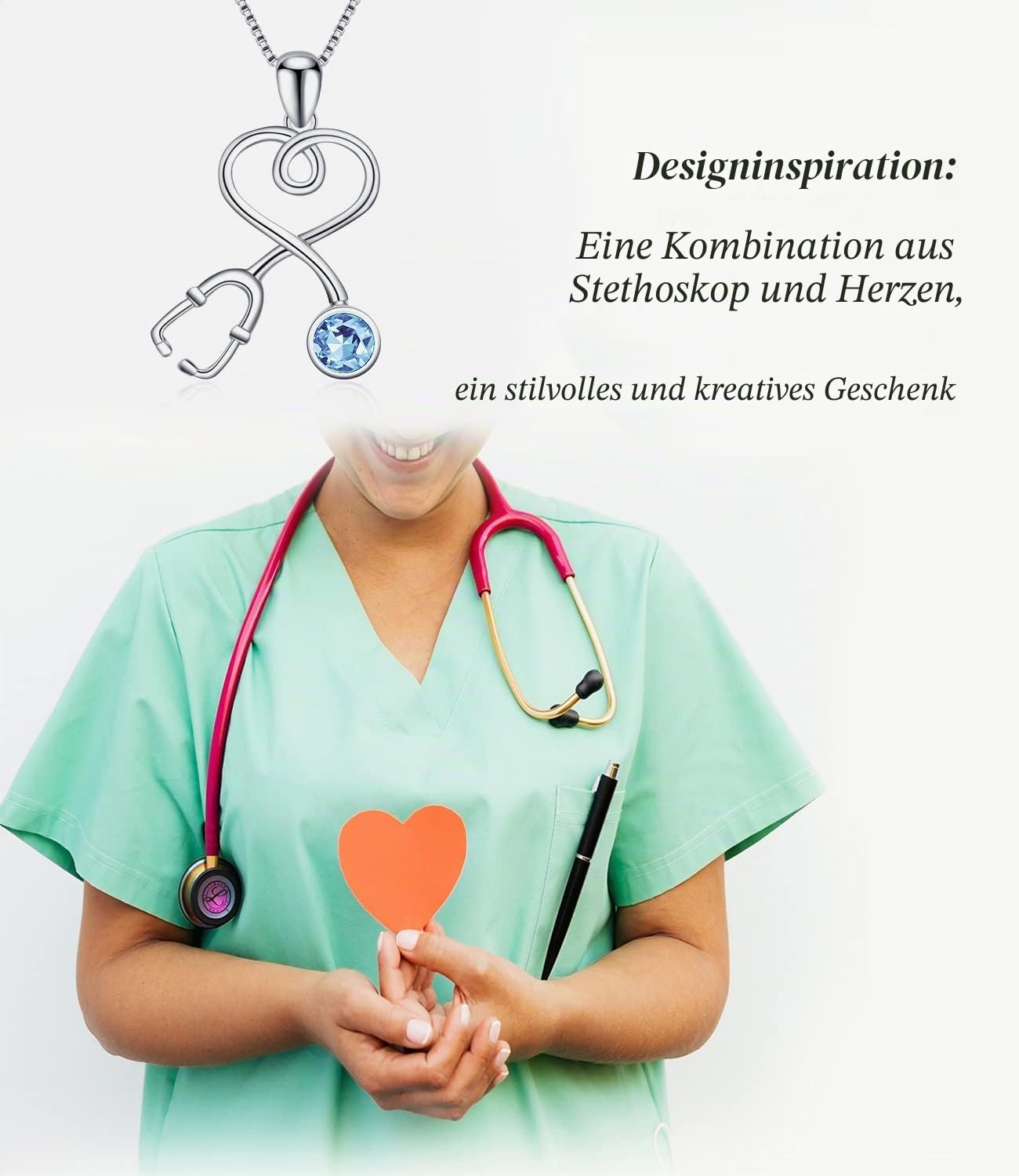 AOBOCO Kette Damen Halskette Silber 925 AnhäNger Kristall Stethoskop Schmuck Necklace Geschenke für Frauen Krankenschwester Arzt Medizinstudenten