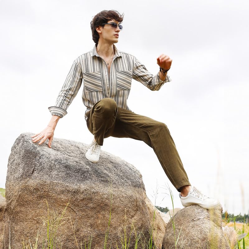 Image of CAHOOT Men's Multitrack Striped Oversized Shirt for Casual Wear | Spread Collar | Long Sleeve | Button Closure | Oversized Shirt Crafted with Comfort Fit for Everyday Wear