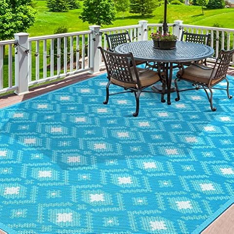 ROMROL Outdoor-Teppich, moderner Teppich, große Bodenmatte und Teppich für draußen, Wohnmobil, Terrasse, Hinterhof, Deck, Picknick, Strand, Anhänger, Camping (1,8 x 2,9 m, Blau und Weiß) Cover