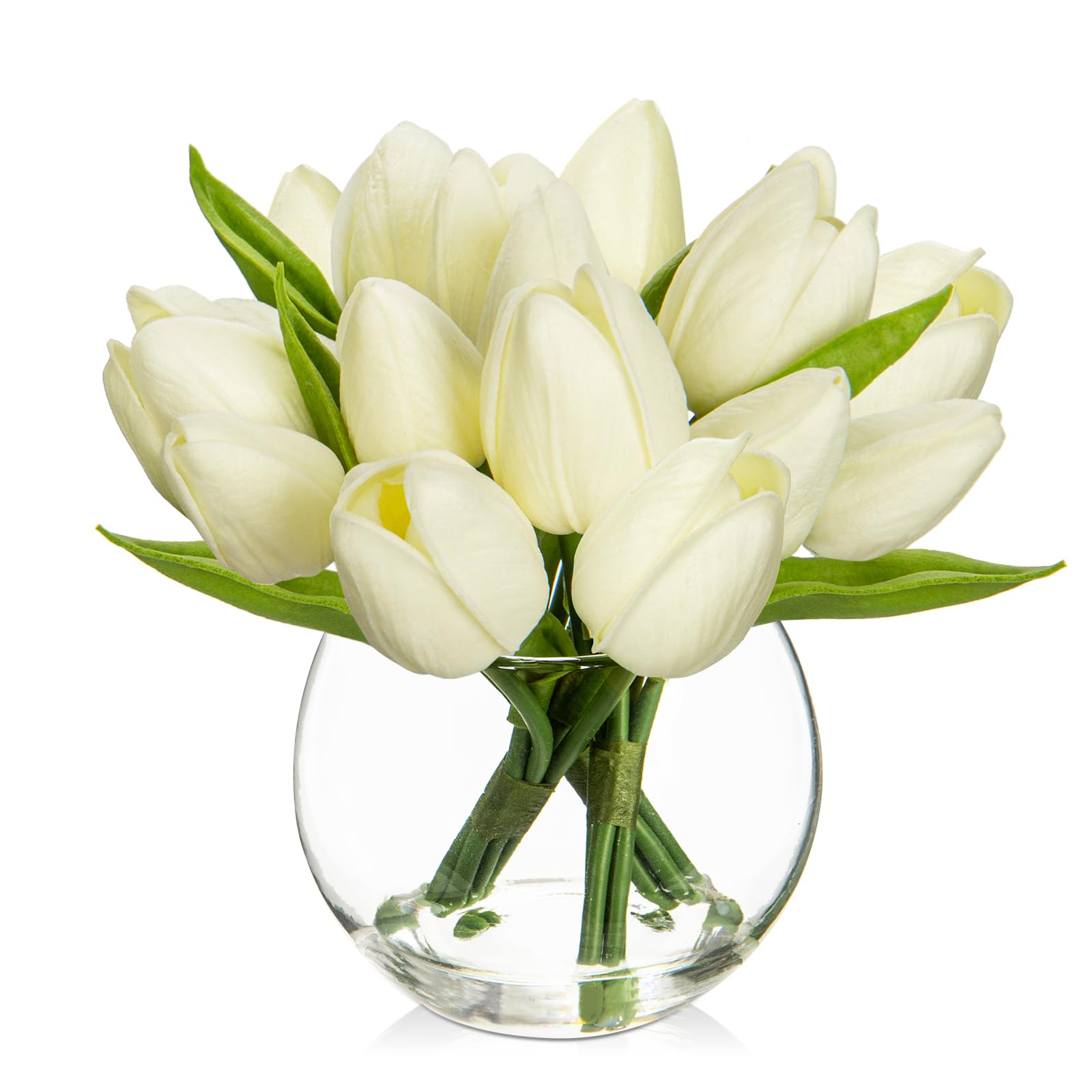 DILATATA Artificial White Tulips in Vase with Faux Water 6" Real Touch Flowers Fake Tulips Small Flowers Arrangement in Round Glass Vase for Dining Table Centerpiece Wedding Home Decor