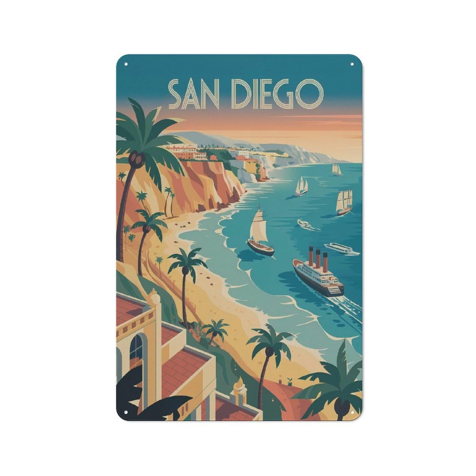 Junmoney Style-21 Tin Wall Plaque 30X20cm With San Diego Travel For Hallway Wall, A Decorative Metal Sign For Hallways And Entrance Areas