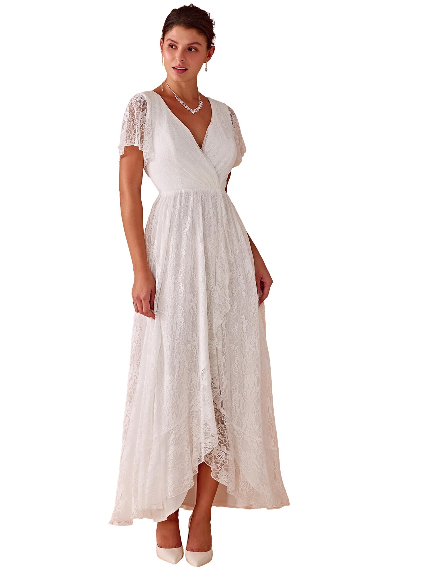 Vestito Da Sera Ever-Pretty In Pizzo Lungo - Scollo A V E Maniche Corte, Elegante Per Cerimonie - Foto 2