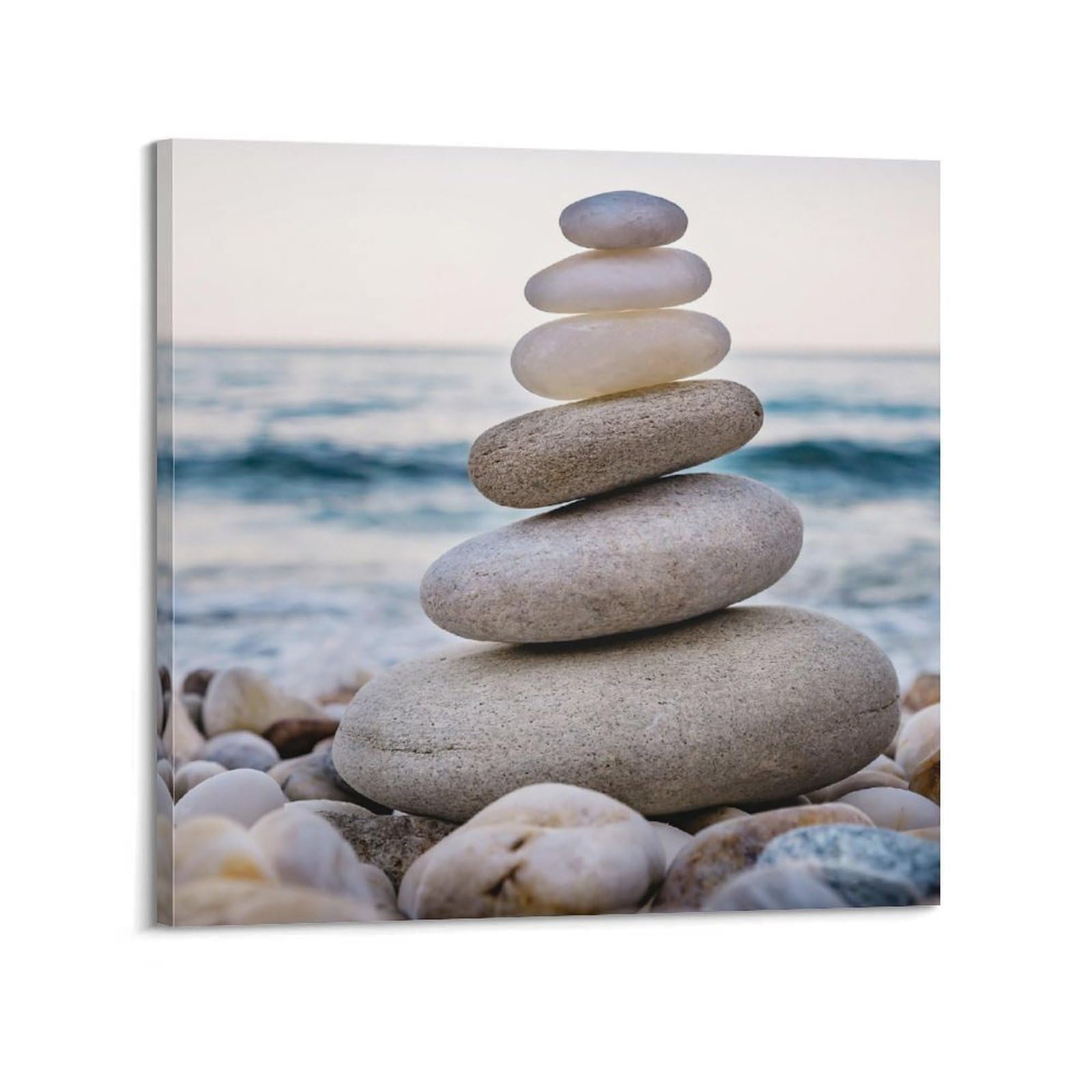 Zen Stones Poster Yoga Meditation Tranquil Sea Stone Tower Poster Decorative Painting Canvas Wall Posters And Art Picture Print Modern Family Bedroom Decor Posters 24x24inch(60x60cm)