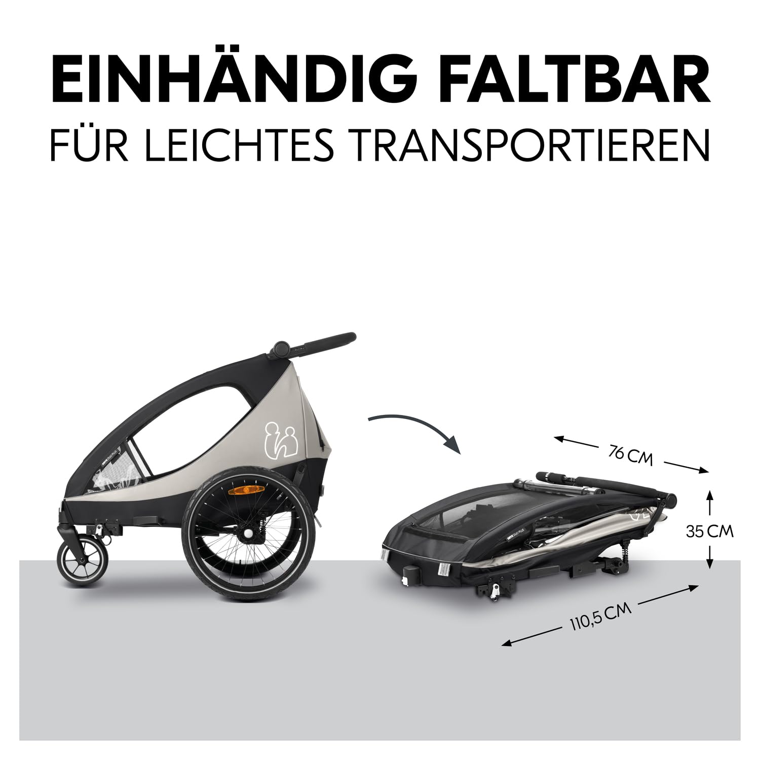 Hauck Dryk Duo Plus - Remolque de bicicleta y cochecito para 2 niños (6-48 meses), incluye protección contra la lluvia, toldo, barra de remolque, rueda de buggy, bandera y luz LED, color negro
