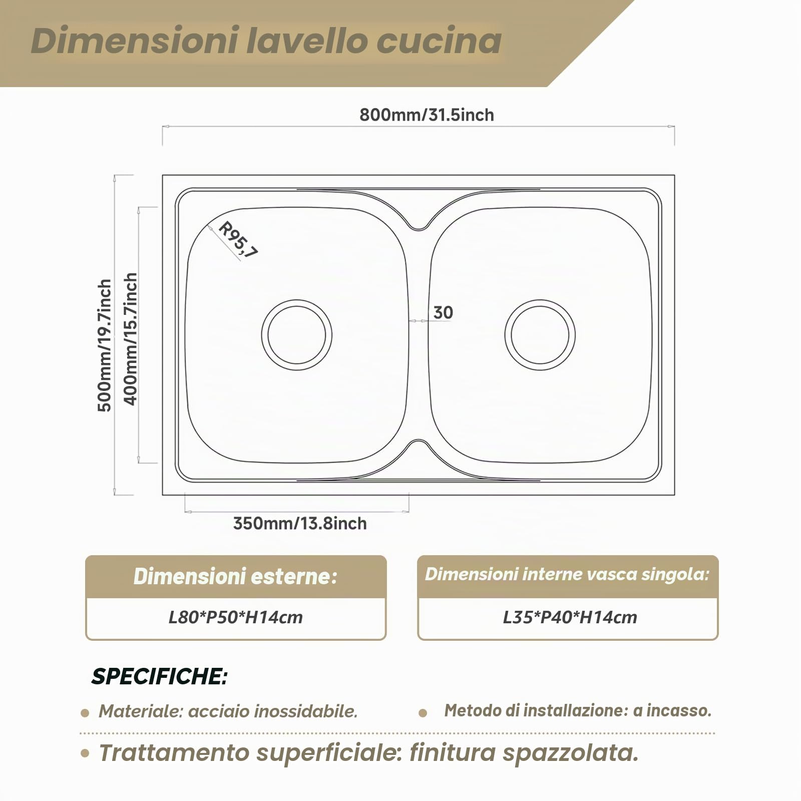 Lavello Cucina 1 Vasca con Set di Drenaggio, Lavabo Cucina con 2 Fori, Acciaio Inox (Acciaio inossidabile, 80 * 50)