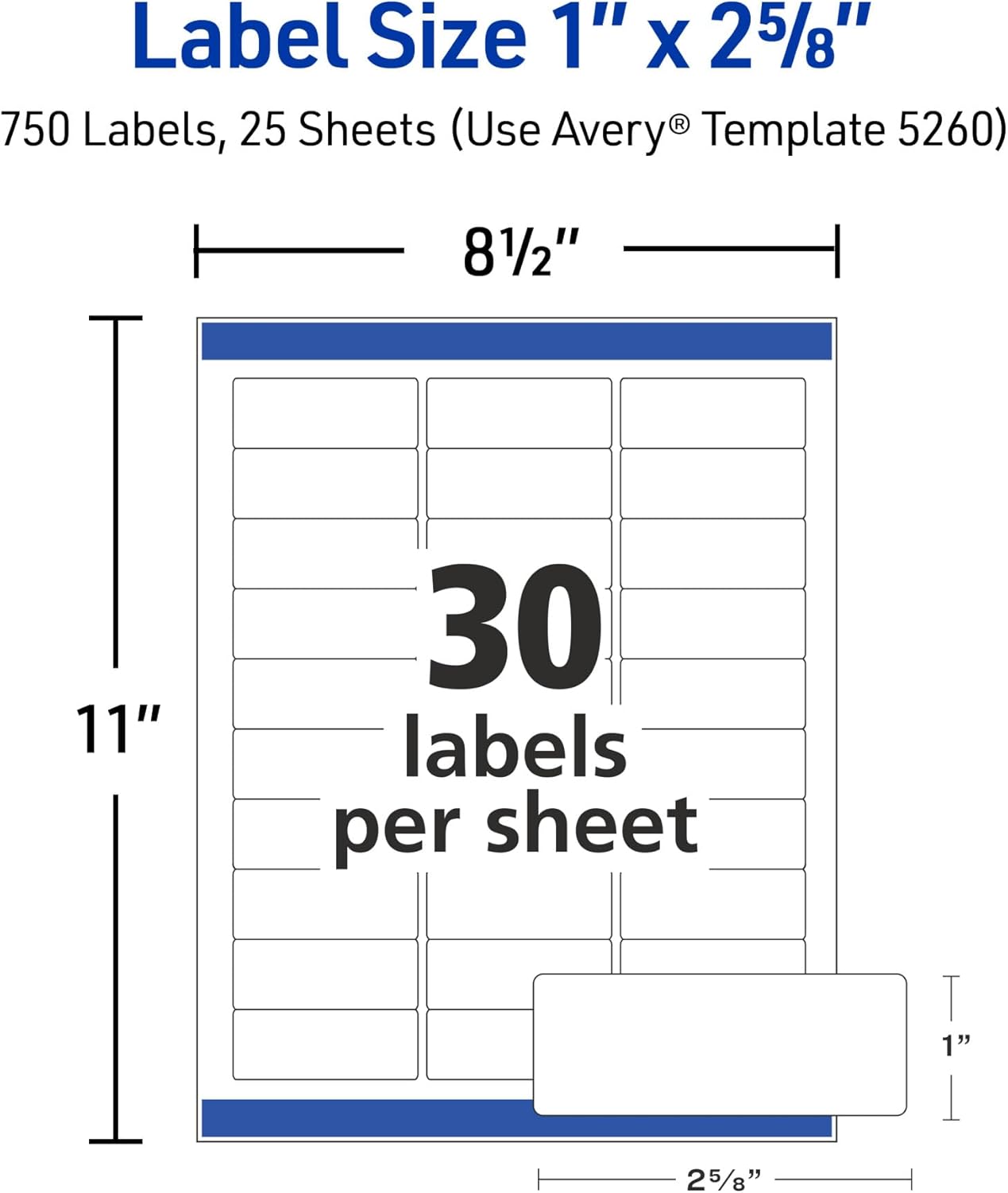 A diagram showing the dimensions of an Avery label sheet, indicating 30 labels per sheet, each 1 inch by 2 5/8 inches.
