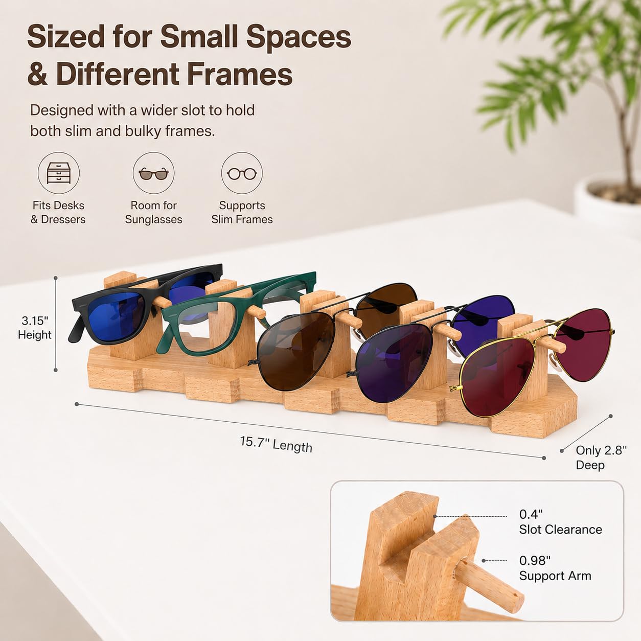 VOREN Soporte organizador de gafas de sol de madera de haya, estante de almacenamiento de gafas de alta calidad para 5 pares, soporte estable y sin montaje para gafas de sol y exhibición de gafas de