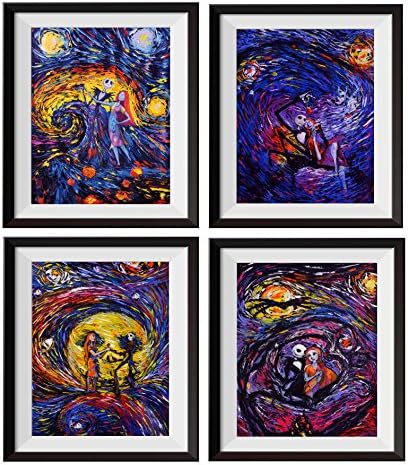 Uhomate 4 pcs Jack Sally Jack and Sally Nightmare Before Christmas Vincent Van Gogh Starry Night Posters Wall Art Wall Decor Bedroom Bathroom Artwork M038 (8X10)