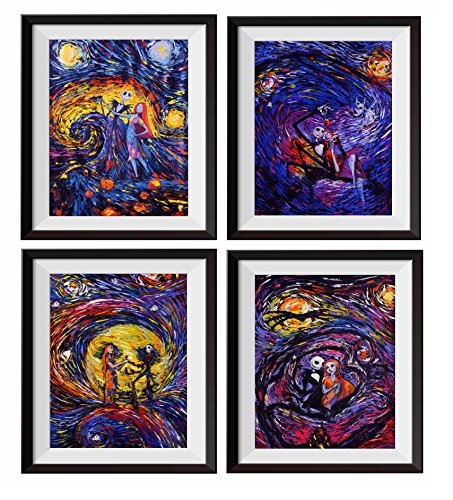 Uhomate 4 pcs Jack Sally Jack and Sally Nightmare Before Christmas Vincent Van Gogh Starry Night Posters Wall Art Wall Decor Bedroom Bathroom Artwork M038 (8X10)