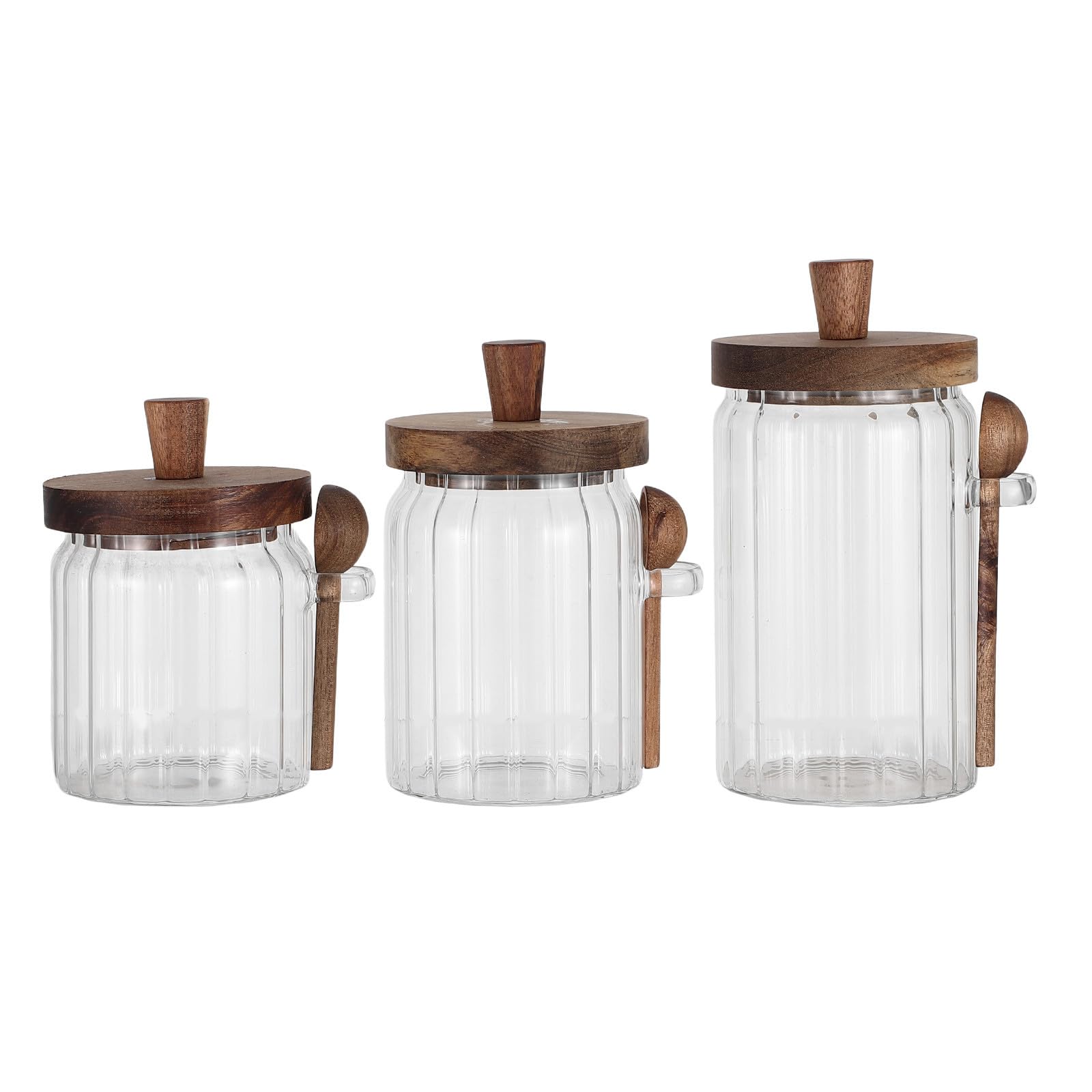 3 Set Barattolo per Spezie in Vetro Trasparente con Coperchio in Legno e Cucchiaio Integrato, Capacità 700ml, Chiusura Ermetica senza Cuciture per Conservare Spezie in Cucina
