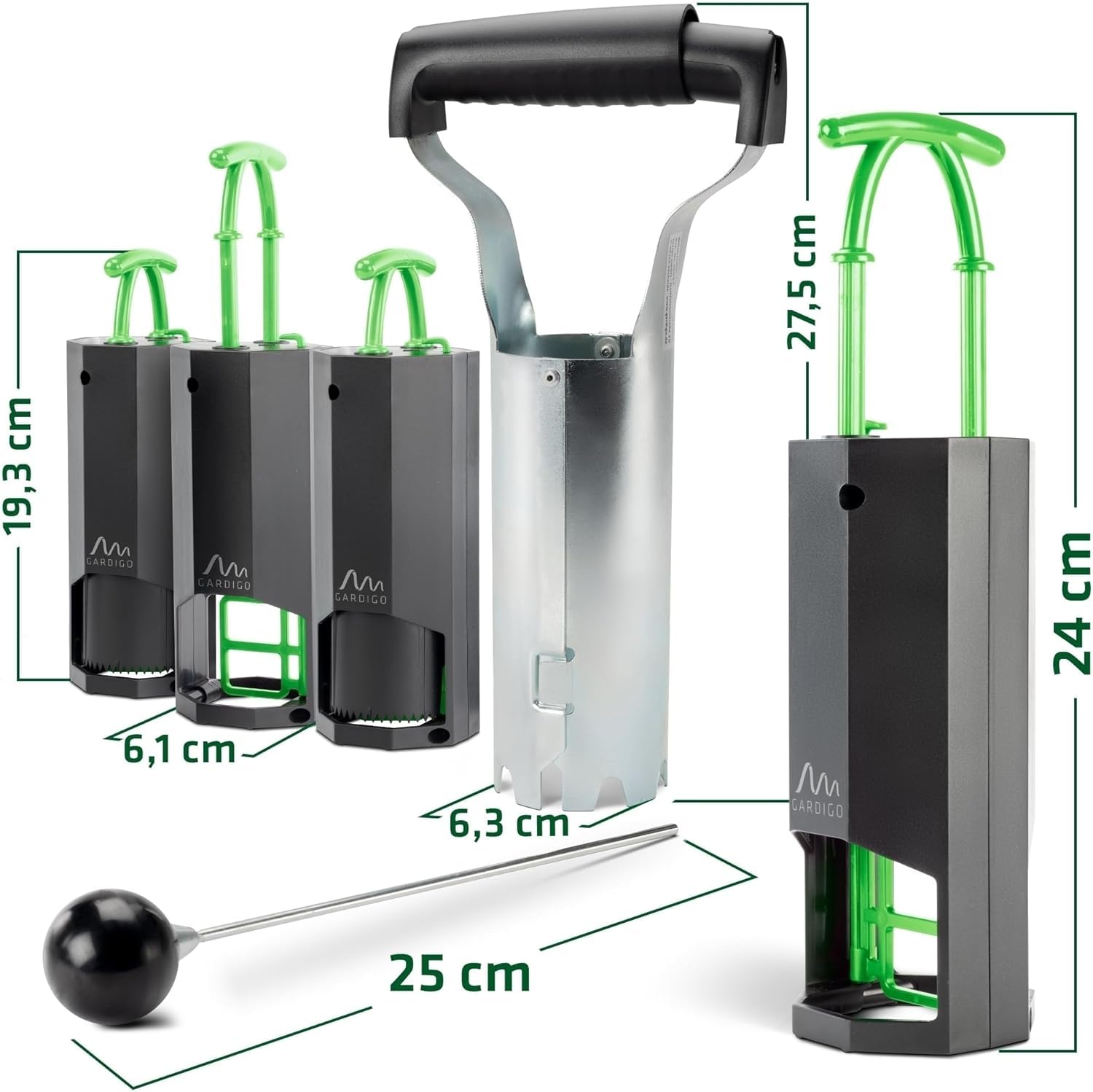 GARDIGO® 4x Trappole per Talpe + Accessori: Foraterra e Sonda | Anti Talpa da Giardino | Trappola per Arvicole Riutilizzabili, Cattura Visibile | Scaccia Talpe