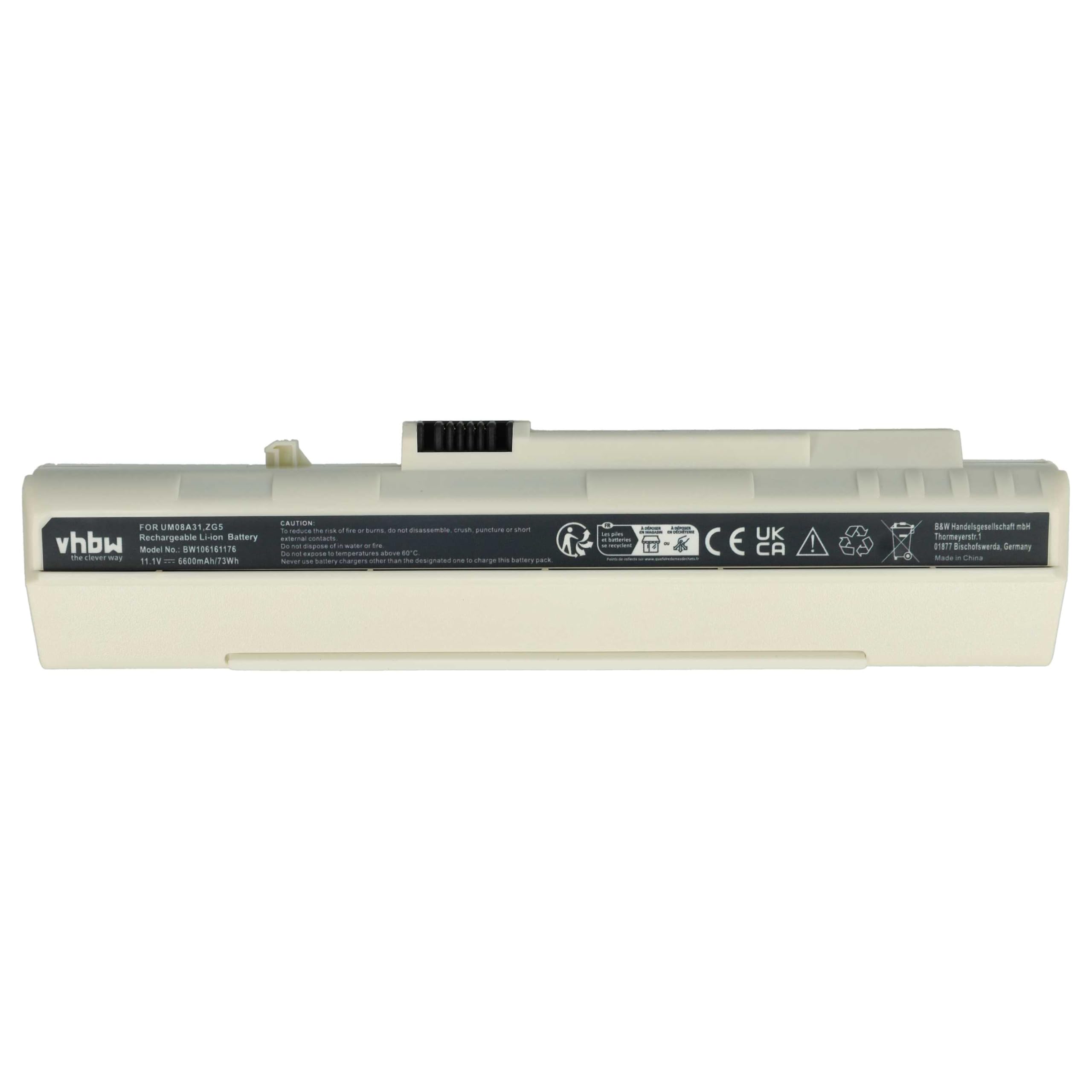 vhbw Batterie Compatible avec Gateway LT10, LT20, LT2001, LT2001u, LT2005u, LT2016u, LT2021, LT2021u Ordinateur Portable (6600mAh, 11,1V, Li-ION