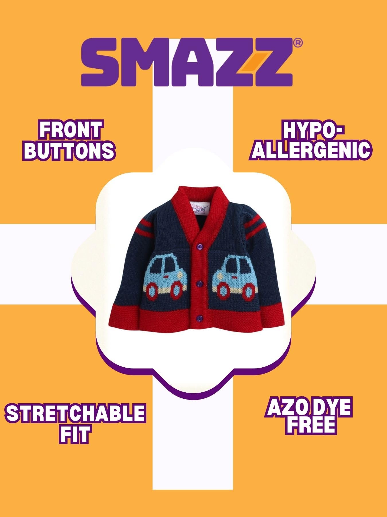 SMAZZ Baby Woolen Cardigan Sweater in Navy Color for Baby Girl & Boy in 3-6 Months with Car & Truck Pattern 3