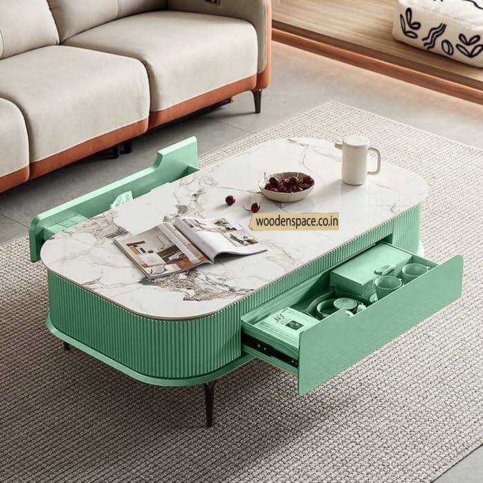 Image of WOODEN SPACE Premium Marble-Top Wooden Center Table for Living Room | Iron Legs | PVD Coating | Modern Entryway Furniture | Coffee Table - 42X24X18 in (Light Green)