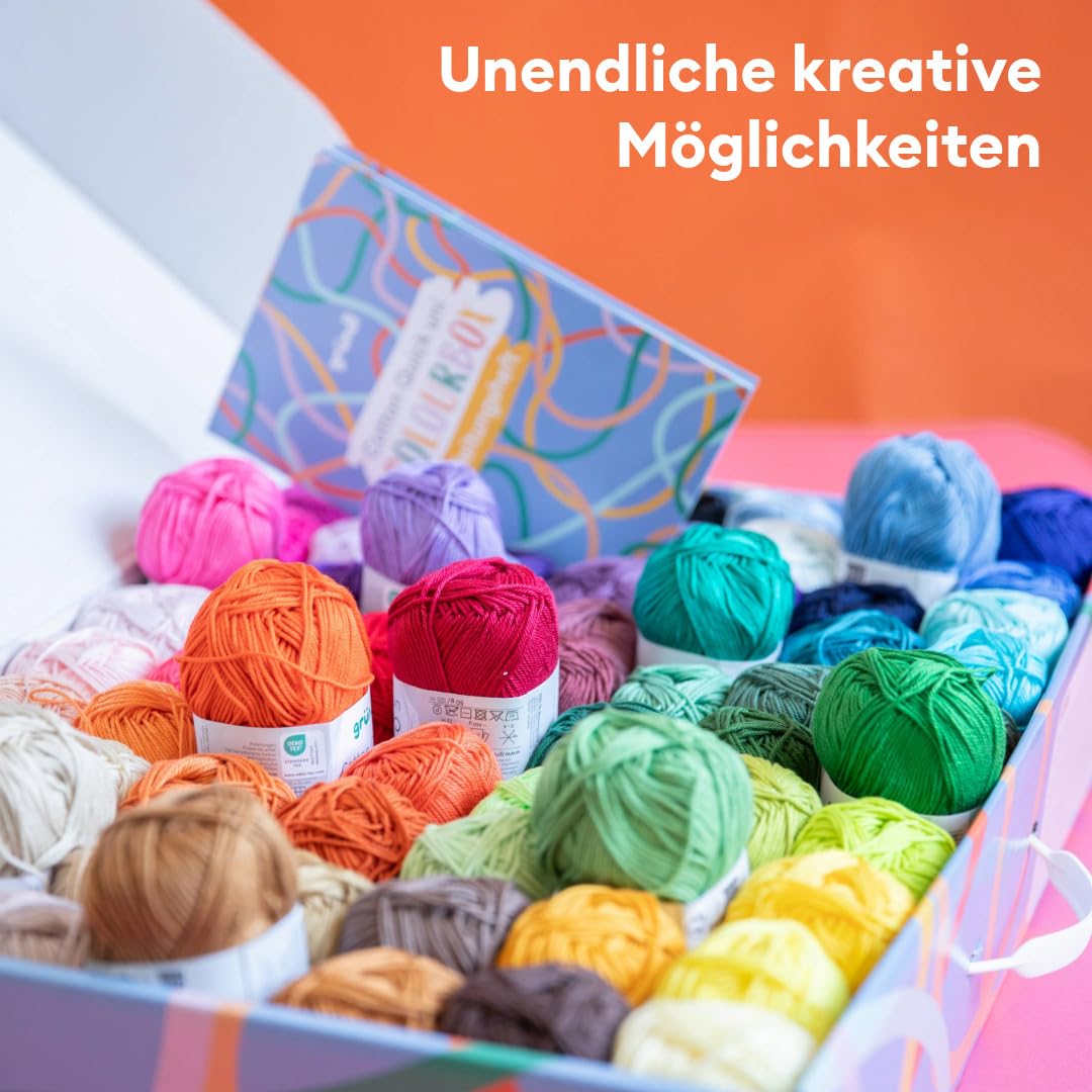 Gründl Wełna Cotton Quick uni walizka w 70 kolorach z instrukcją (może nie być dostępna w języku polskim) – cienka wełna do szydełkowania – przędza do robienia na drutach – błyszcząca i przyjazna dla