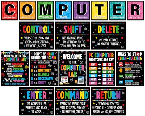 19pcs Computer Lab Poster Computer Science Posters Classroom Rules Decorations Inspirational Technology Digital Keyboard Shortcuts Education Chart PC Decor Wall Art Back to School Teacher Supplies
