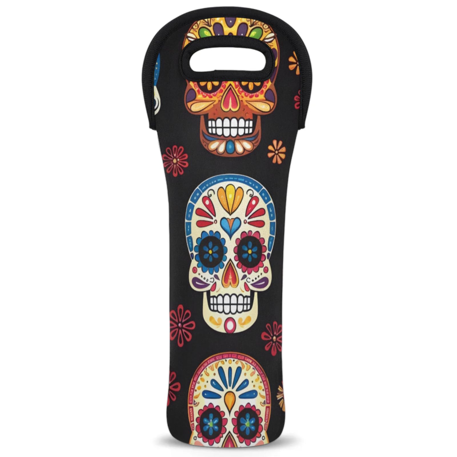 Neoprene Wine Tote Carrier Bag for Wine,Water, Champagne, Beer, Baby Bottles 15.6 x 5.1 Inches, Protective Wine Bag,Sugar Skull Colored