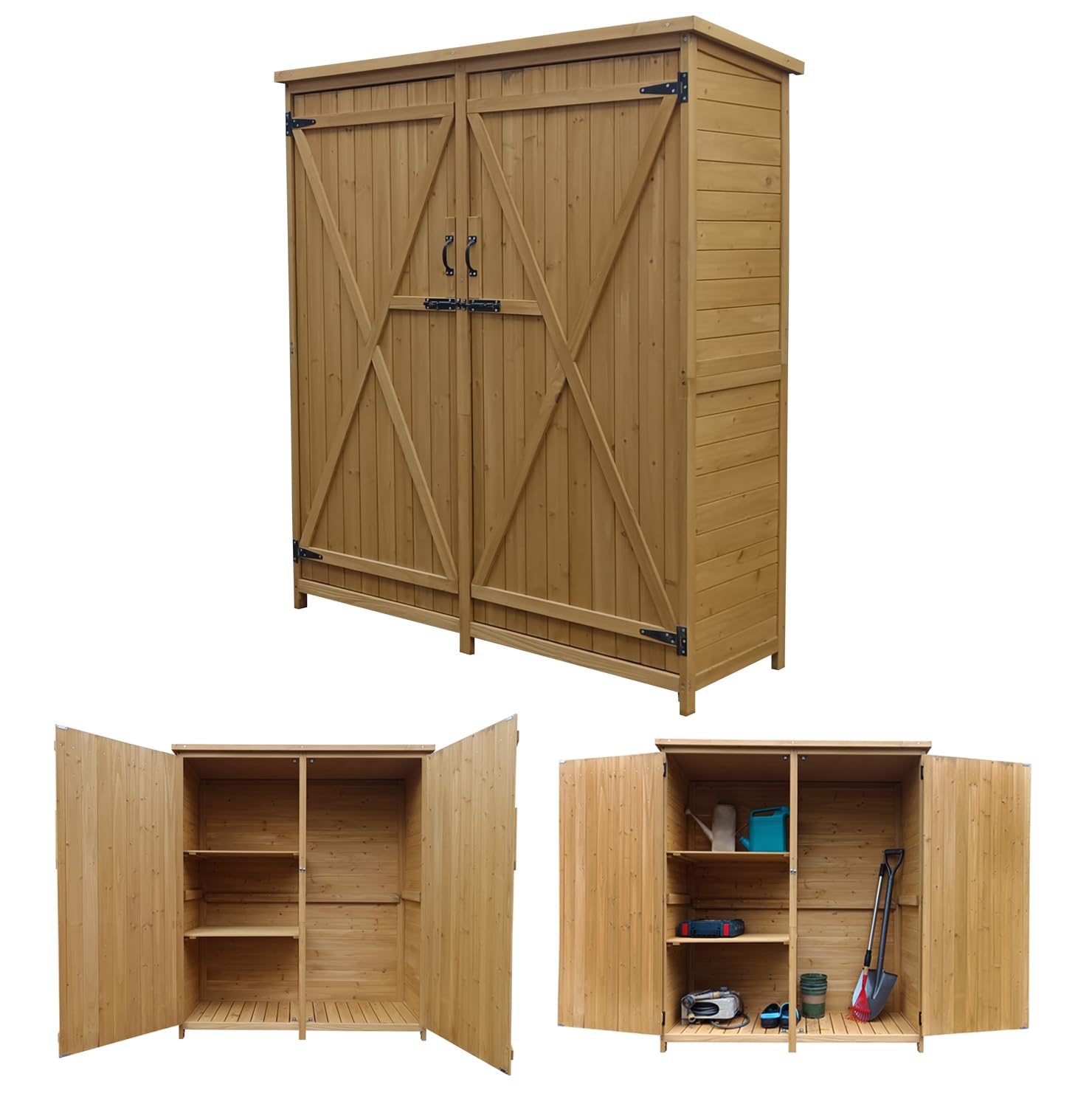 The Homeweeks Cobertizo Armario Jardín ISABA | Madera Tratada Maciza | 135 * 50 * 152cm. | Armario Multiusos Impermeable | Almacenamiento |Doble Puerta con Cerrojo | Cubierta Asfálto Impermeable